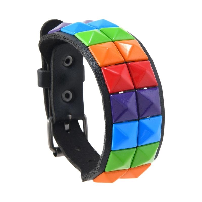 Studded Cuff Bracelet Double Row Square Studs Adjustable Closure PU Strap Punk Wrist Bangle for Concert Streetwear