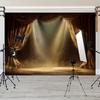 2D Golden Stage Curtain Photography Backdrop, Theatre Curtain with Spotlight & Glitter Background Cloth