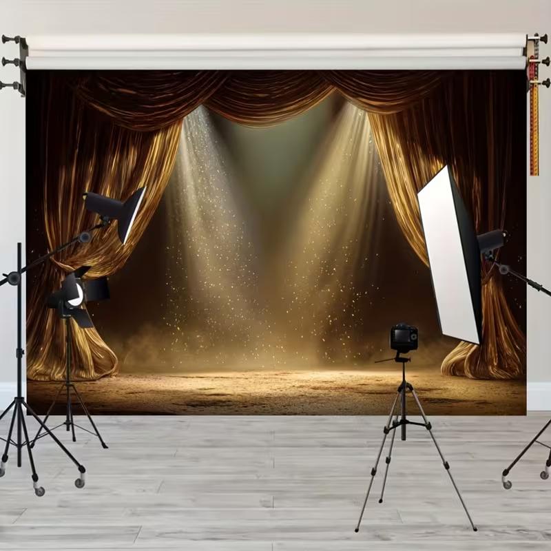 2D Golden Stage Curtain Photography Backdrop, Theatre Curtain with Spotlight & Glitter Background Cloth