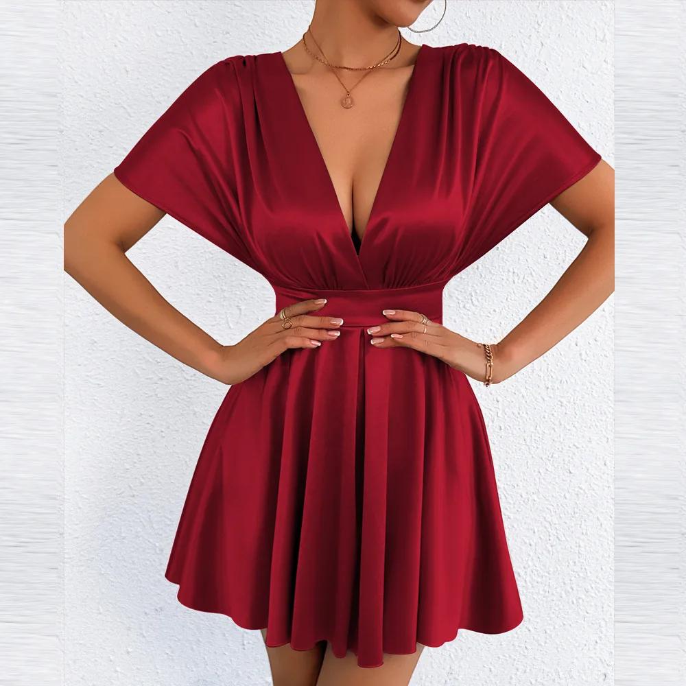 Low Cut V Neck Sexy Fashionable Dress Elegant Waist Cinched Summer New Arrival Women's Clothing Short Sleeveless Dress