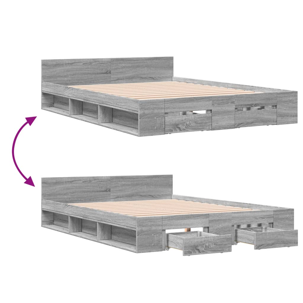 Bed Frame with Drawers Grey Sonoma 135 x 190 cm Particleboard