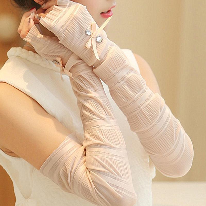 Summer Pearl Sleeves Outdoor Sun Protection Women Bow Long Ice Seeves Sun Protection Sleeves Thin Gloves Sunscreen Accessories