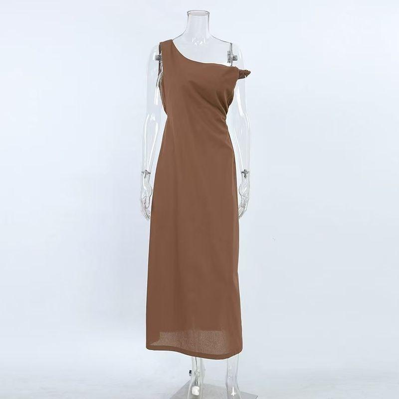 

Fashion Wind Asymmetrical Collar Silm Sexy Dress Ircollar Regular Slim Fit Dress Brown S