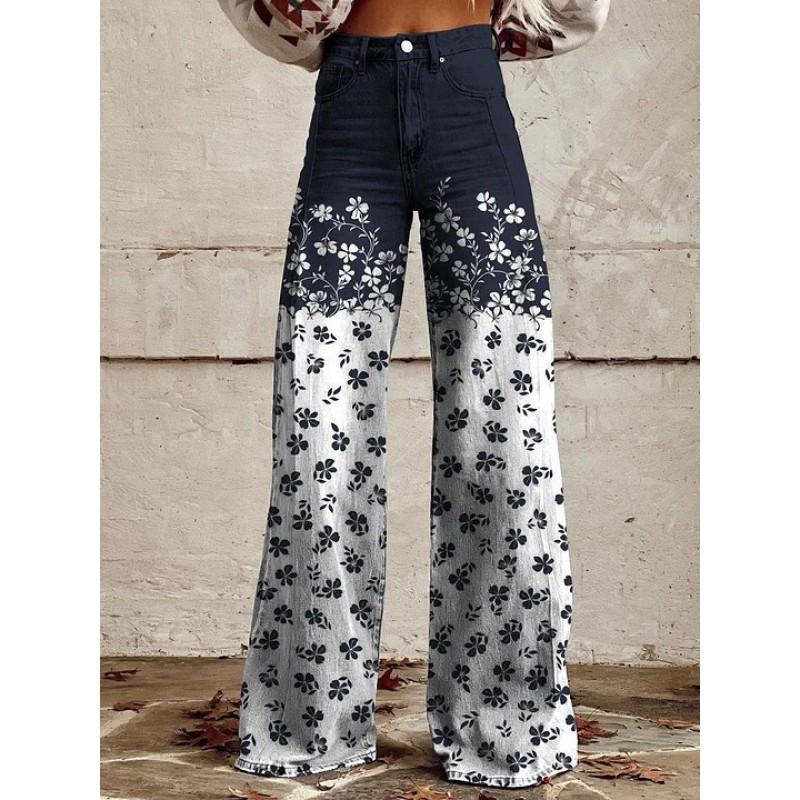 Dame Løstsiddende Bomuld Wide Leg Bukser Med 3D Digital Print Streetwear Stil Afslappede Bukser