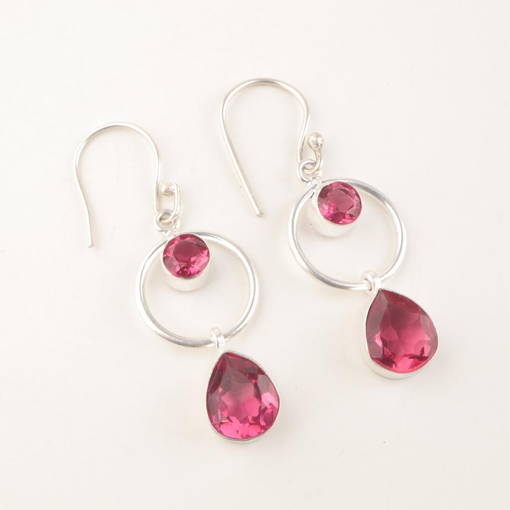 Natural Pink Tourmaline Gemstone 925 Sterling Silver Jewelry Dangle Earrings2.0" EE-140-12