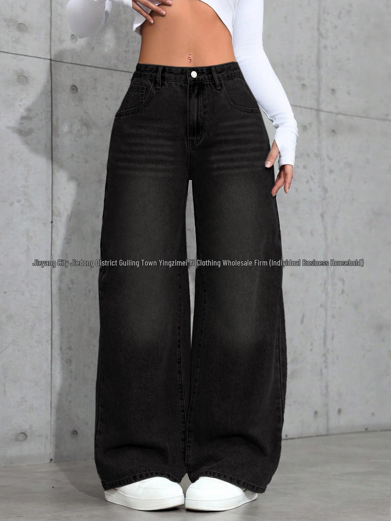 

Women s Washed Black Denim Wide-Leg Pants - Simple Fashion Straight Loose Fit 2X-Large промывают черный
