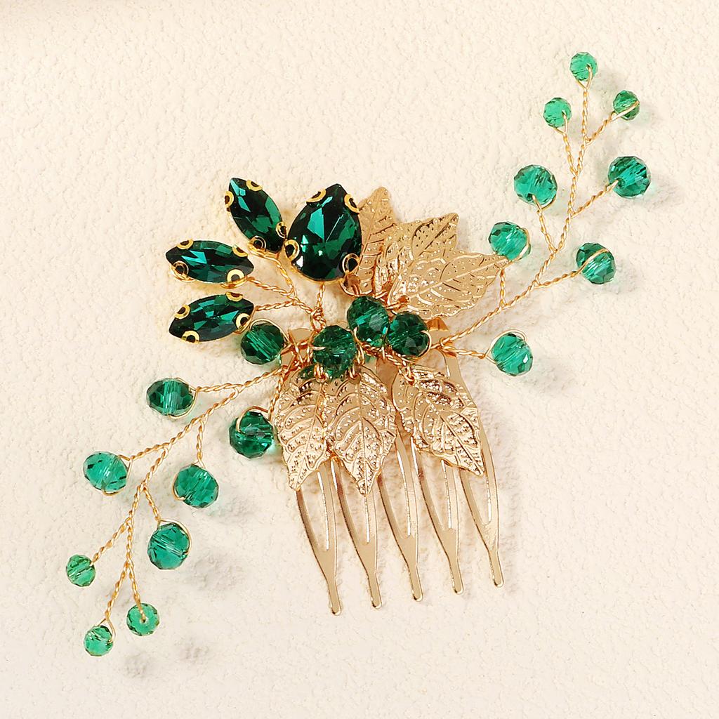 Retro Alloy Rhinestone Plug Comb Handmade Leaf Green Crystal Headdress Antique Hanfu Jewelry Bridal Hair Comb