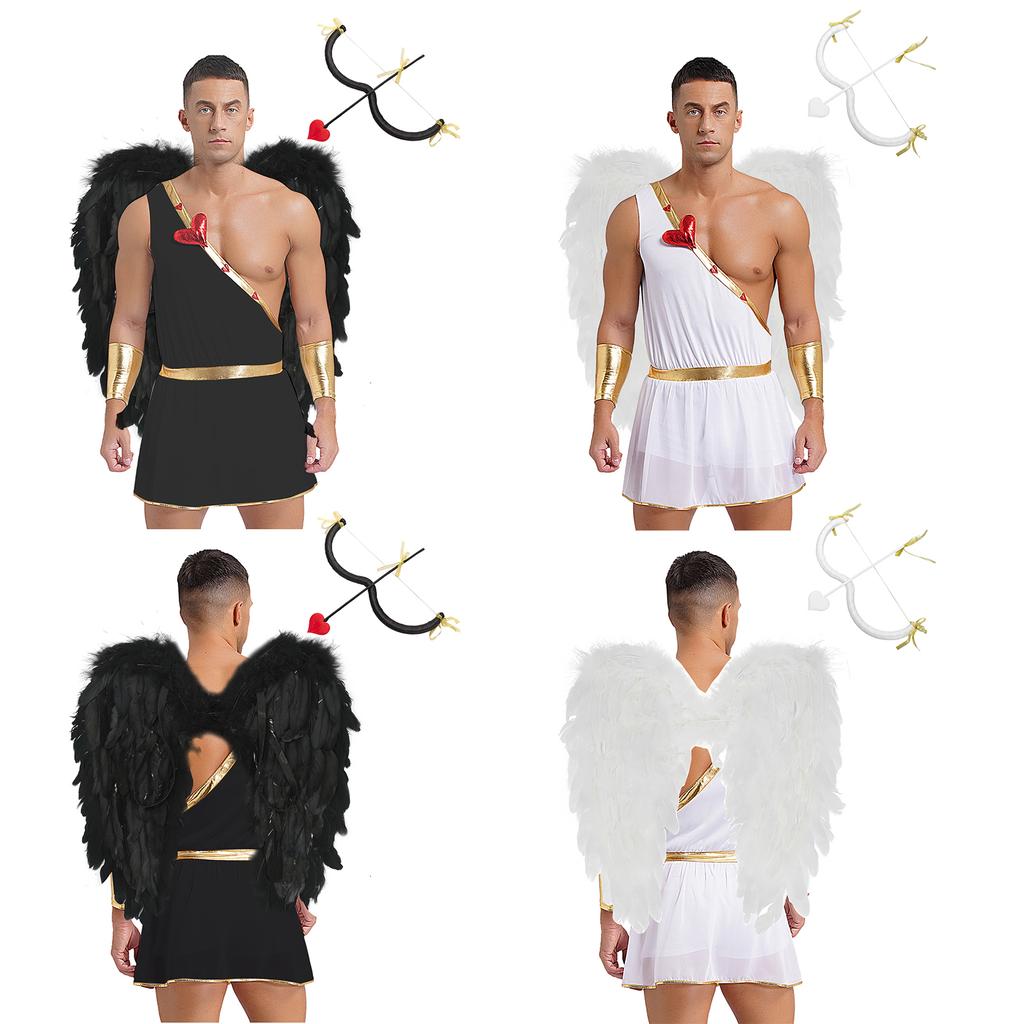 Mens Valentine Cupid Cosplay Costume Heart Shaped One Shoulder Romper Bodysuit Detachable Cuffs Feather Wings Set