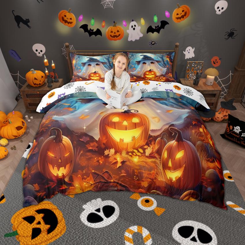 Homewish Cartoon Spooky Animal Duvet Cover Set Happy Halloween Theme Bedding Set Pumpkin Bat Ghost Quilt Cover Set Room Decor