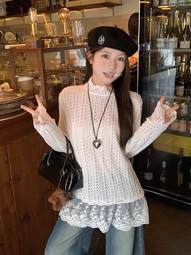 

Французская кружевная футболка с длинным рукавом: Свободный женский топ средней длины для многослойности на осень/зиму S белый