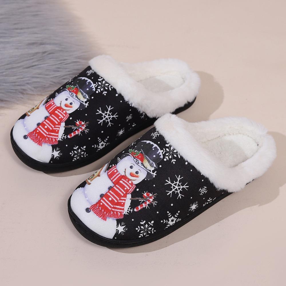 Winter Couple Slippers Cotton Snowman Cartoon Christmas Print Warm Fashion Home Indoor Plush Shoes