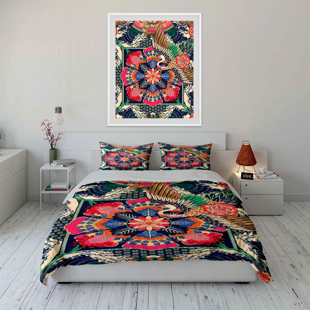 Colorful cranes and florals. Bedding sets Duvet cover sets Duvet covers Pillowcases(1 * Duvet Cover 2 * Pillowcases without duvet insert)
