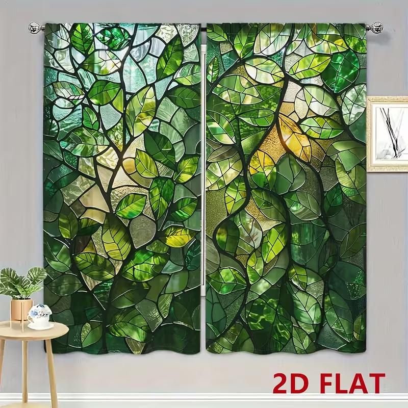 2PC Stained Glass Leaf Curtains Green Nature Print Light Filtering Drapes Art Deco Home Decor for Bedroom Living Room