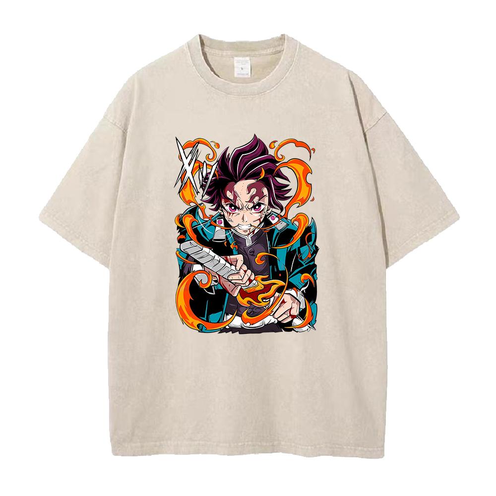 Heißer Anime Demon Slayer Kokushibo Bedrucktes T-Shirt Herren Übergroße Freizeit-T-Shirts Vintage Gewaschenes T-Shirt Harajuku Herren Baumwoll-T-Shirt