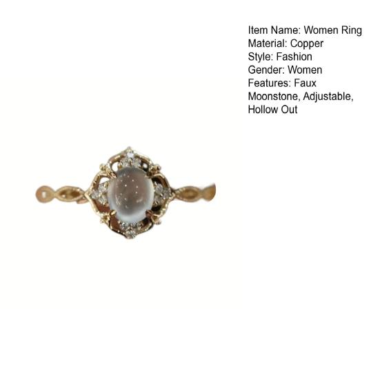 Yousheng Women Ring Shiny Romantic Hollow Out Sparkling Adjustable Decorative Gifts Faux Moonstone Wedding Ring Party Jewelry Fashion Accessory