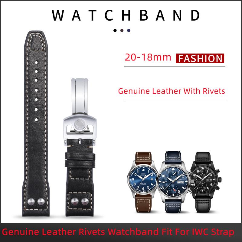 Black Blue Brown Soft Cslfskin GenuineLeather Rivet Cowhide Watchband 20mm For IWC Strap For Mark18 BraceletsFree Tools
