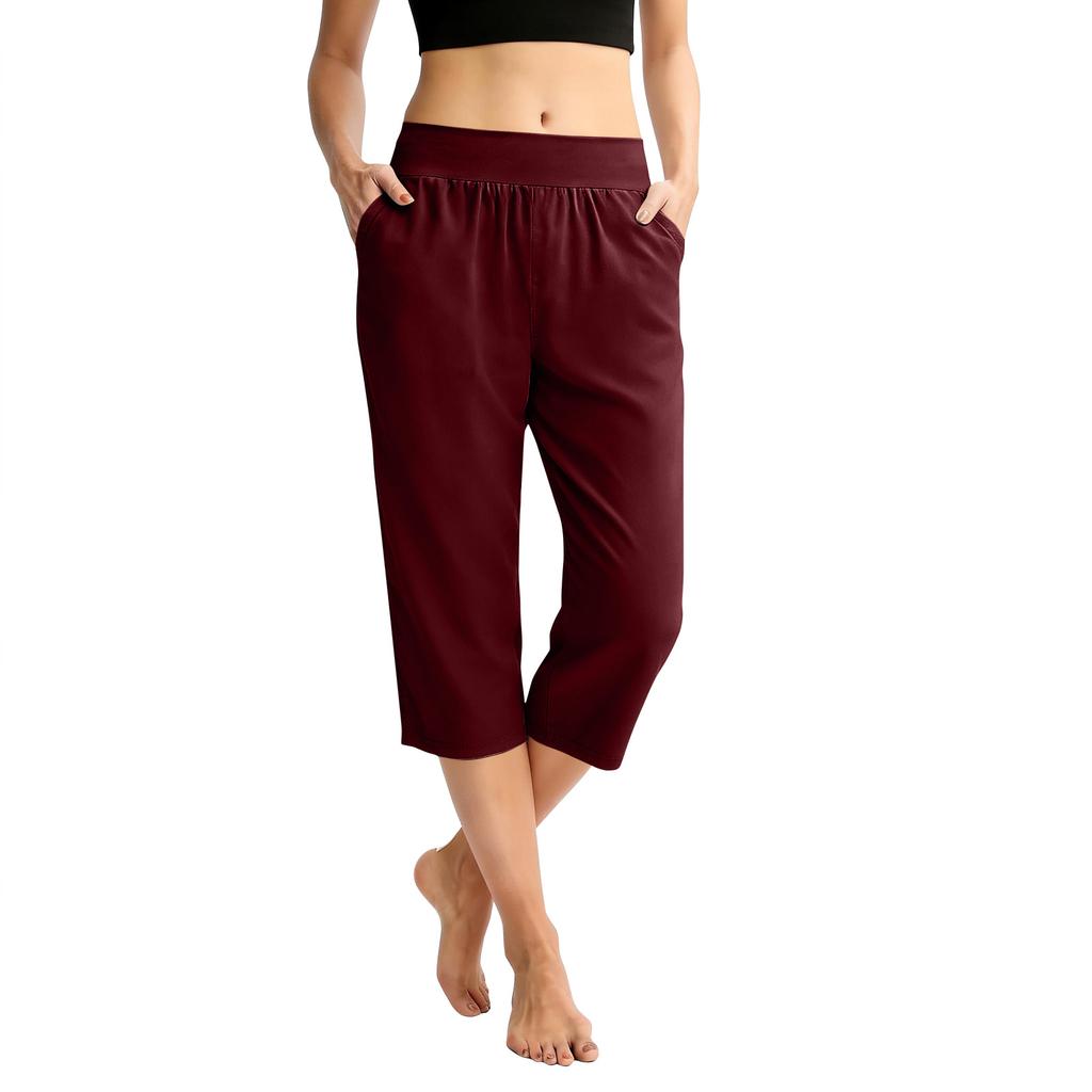 Women Elastic High Waist 3/4 Pant Casual Fit Wide Capris Leg Pants Trousers With Pockets