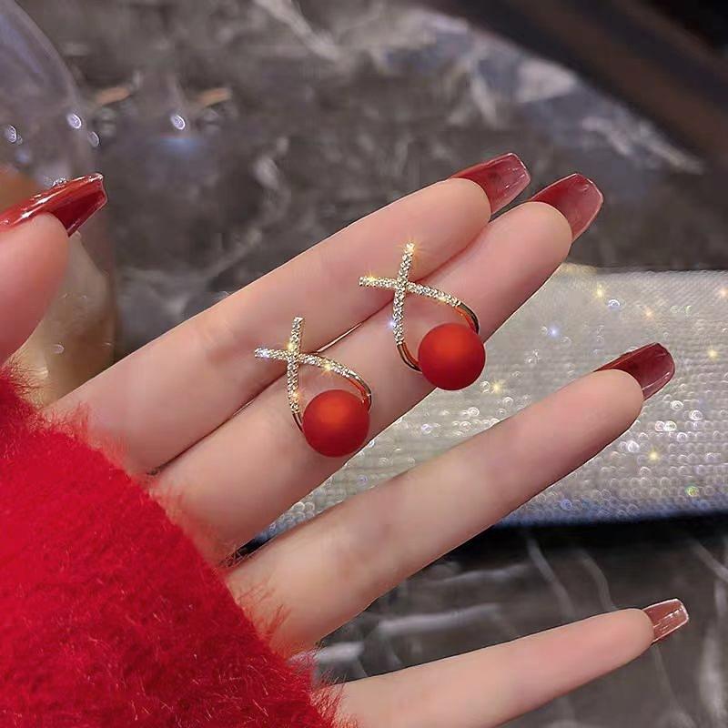 Fashion Temperament Sweet Flower Stud Earrings Women's Red Bow Flower Earrings Versatile Exquisite Daily Atmosphere Earrings