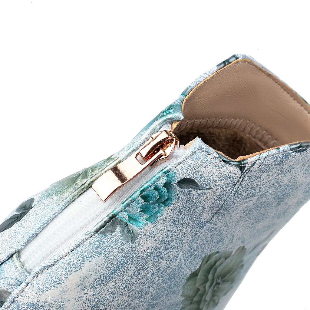 Concise Women's Ankle Boots Floral Print Heels Shoes PU Pointed Toe Footwear 2024 Autumn Winter New