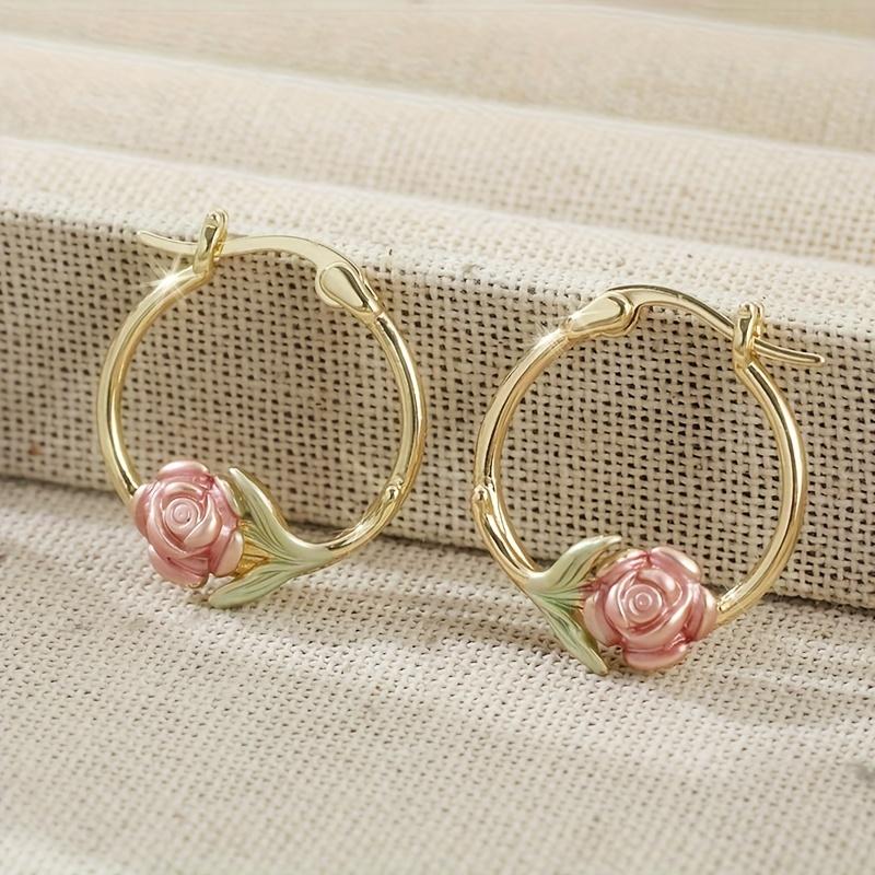 

1 Pair of Fashionable Gold Color Circle Rose Petals Hanging Earrings, Women s Personalized Trendy Holiday Accessories Zircon