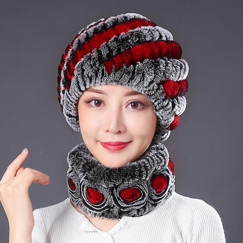 Hat Female Autumn Winter Trendy Versatile Rex Rabbit Hair Cycling Warm Ear Protection Fur Hat Scarf Set