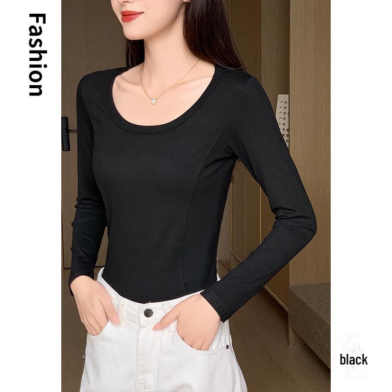 

Женская приталенная футболка с круглым вырезом и длинным рукавом - Весенне-осенний шикарный топ, подчеркивающий талию Large чёрный