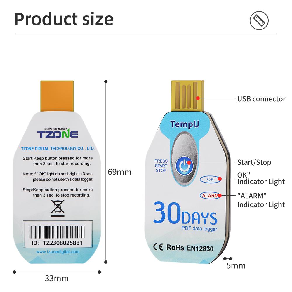 USB Temperature Data Logger Temperature Humidity Data Recorder Single Use USB Port 10000 Points PDF File Report 30/60/90 Days