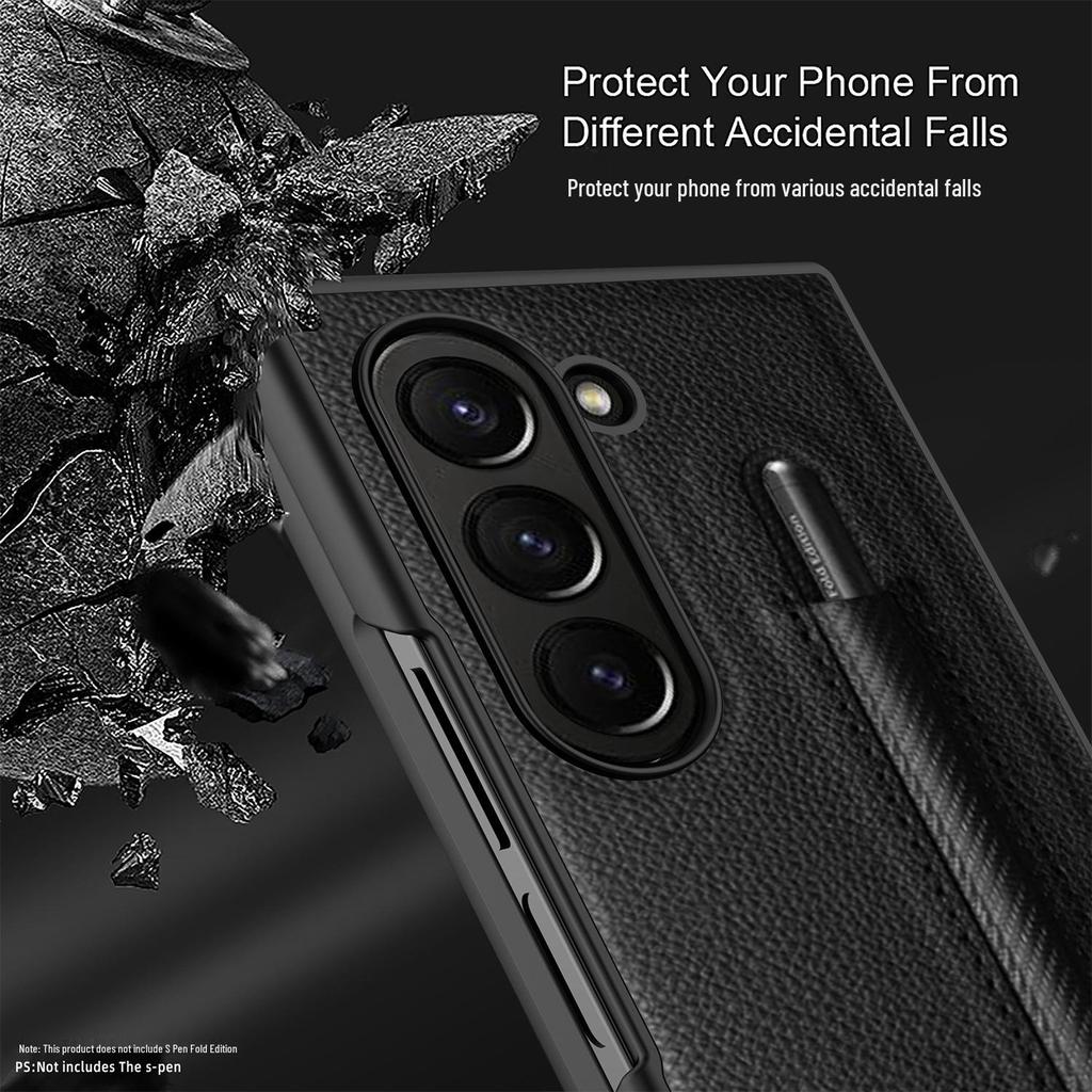 Samsung Z Fold6/Fold5 Lychee Pattern Leather Phone Case with Pen Holder