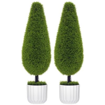 Set of 2 Artificial Plants Incl. Planter and Artificial Moss; Artificial Cypress, White + Green