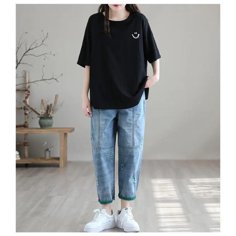 Nine Point Ripped Jeans Women Summer Loose Thin Elastic Waist Casual Harem Pants Denim Ankle Length Pant
