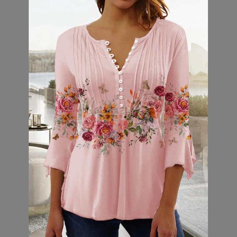 European and American Spring and Summer Fashionable Women's Floral Print V-neck Short Sleeved Pleated Button T-shirt with A Base