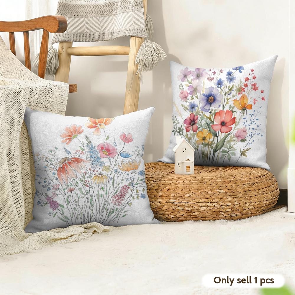 Spring Flowers Cushion Cover Natural Linen Organic Fabric DoubleSided Printing Couch Pillow Covers Home Decor