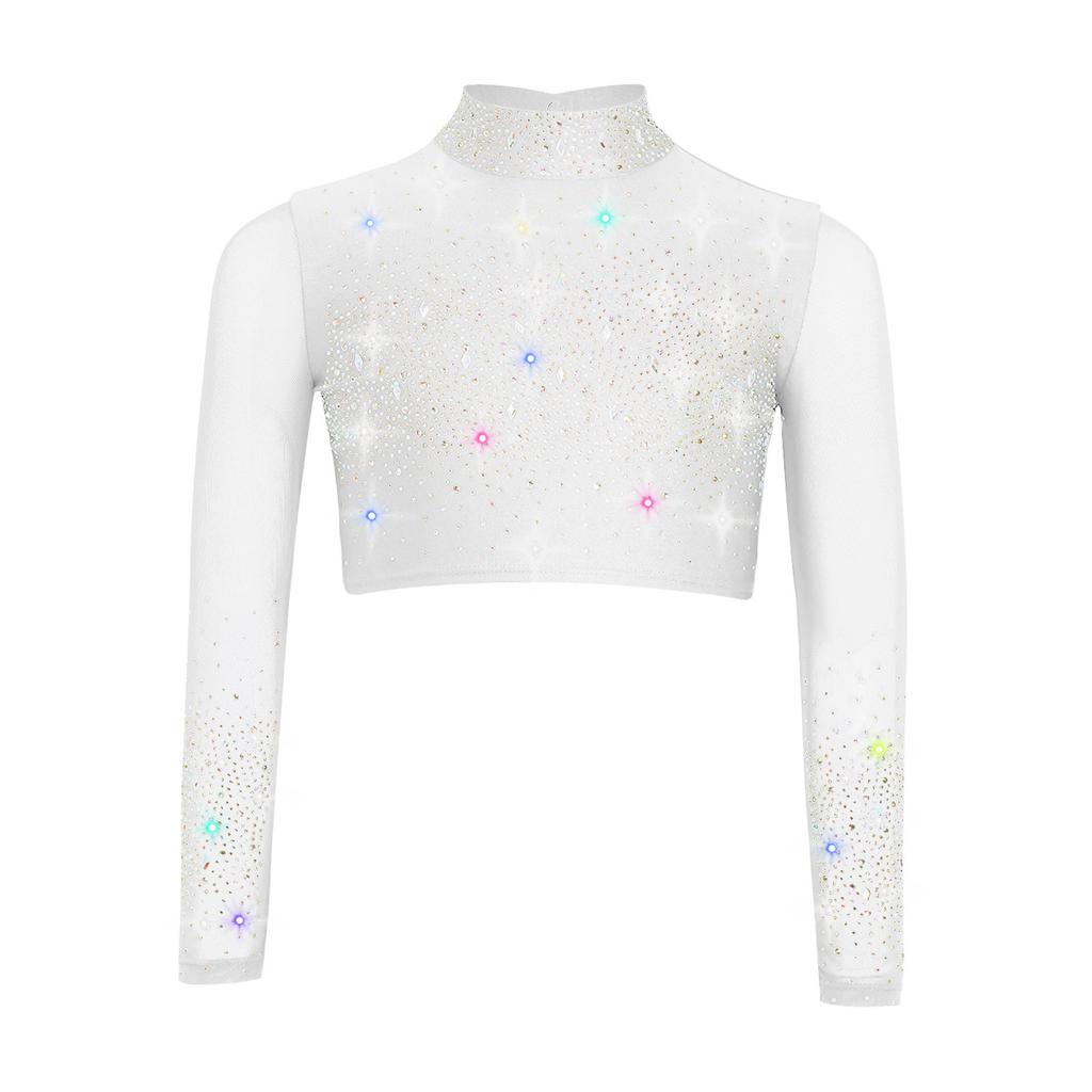 Dívčí průhledný síťovaný crop top s dlouhým rukávem a rolákem, lesklé kamínky, klíčová dírka vzadu, kostým pro lyrický tanec