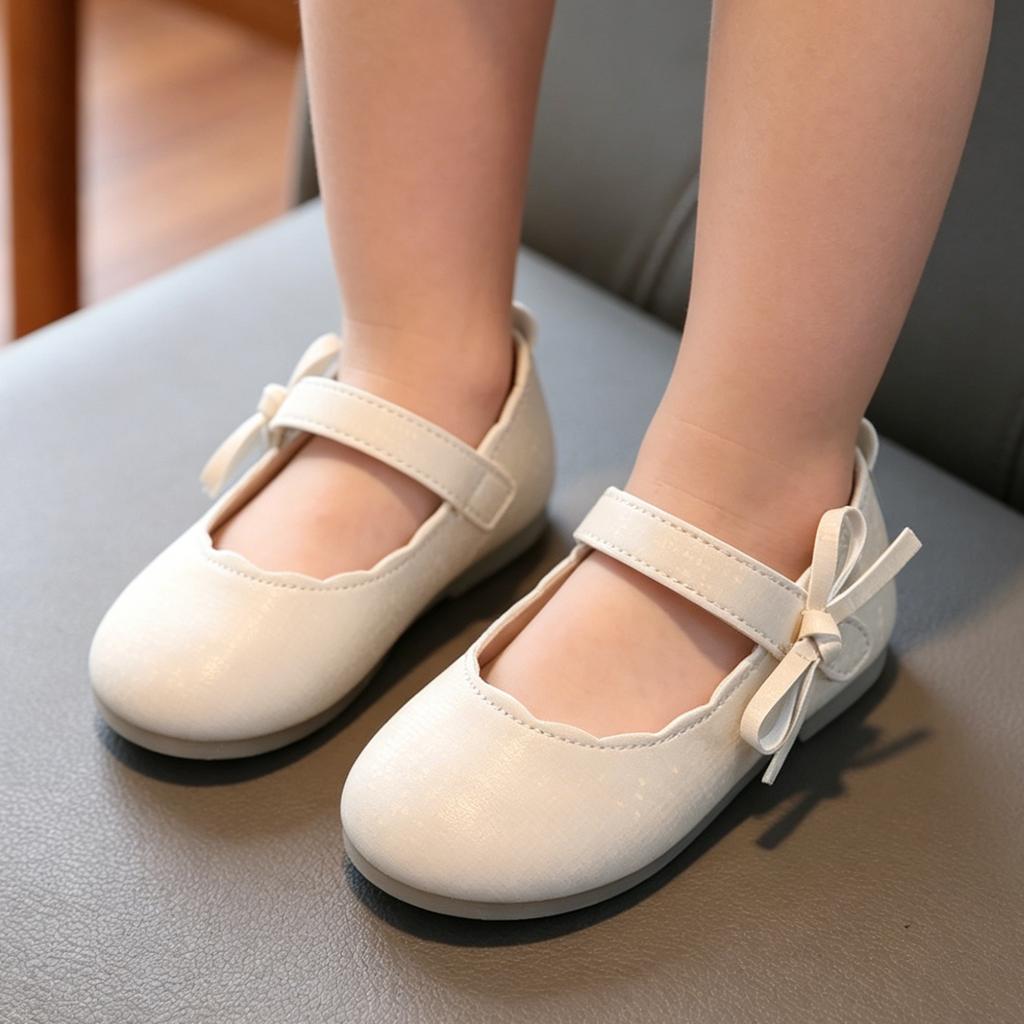 Children Round Toe Ballet Flat Shoes with Adjustable Strap and Decorative Bow Slip On Lightweight Comfortable Soft Sole Casual Footwear