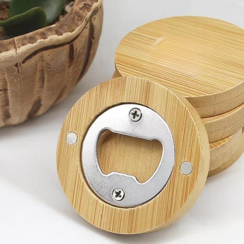Beer Bottle Opener Portable Round Shape Bamboo Opener Fridge Magnet Bar Beverages Gadgets Wedding Home Party Tools