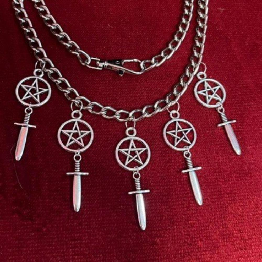 Trendige Gothic Silber Farbe Ausgeschnittenes Fünfzackiger Stern Symbol Kreuzschwert Multi-Anhänger Quaste Halskette für Frauen Schmuck