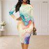 Women Plus Size Round Neck Long Sleeve Black Teal Gold Printed Bodycon Midi Dress