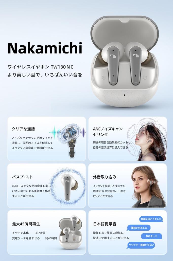Nakamichi TW130NC Kabellose Bluetooth ANC Geräuschunterdrückung Umgebungsgeräusche Bass Bis zu 45 Stunden Musik Japanische Stimme Einzelohr Weiß In-Ear Kopfhörer, 5.3,