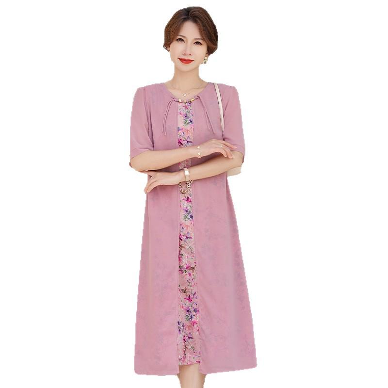Mom's Summer New Chinese Short Sleeve Plus Size Chiffon Dress for Middle-Aged & Elderly Women - National Style Belly Cover