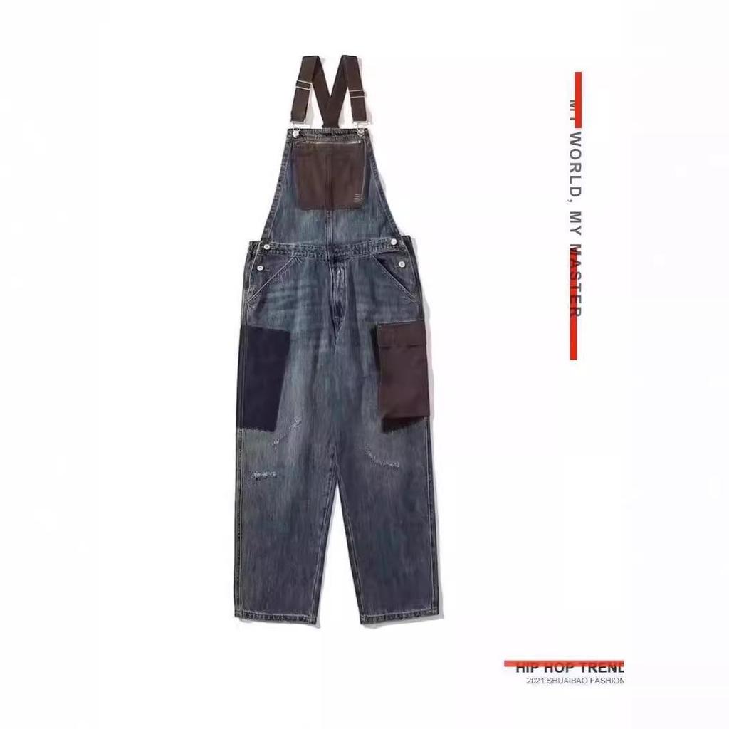 Unisex Japanese Retro Overall Jeans with Contrasting Suspenders