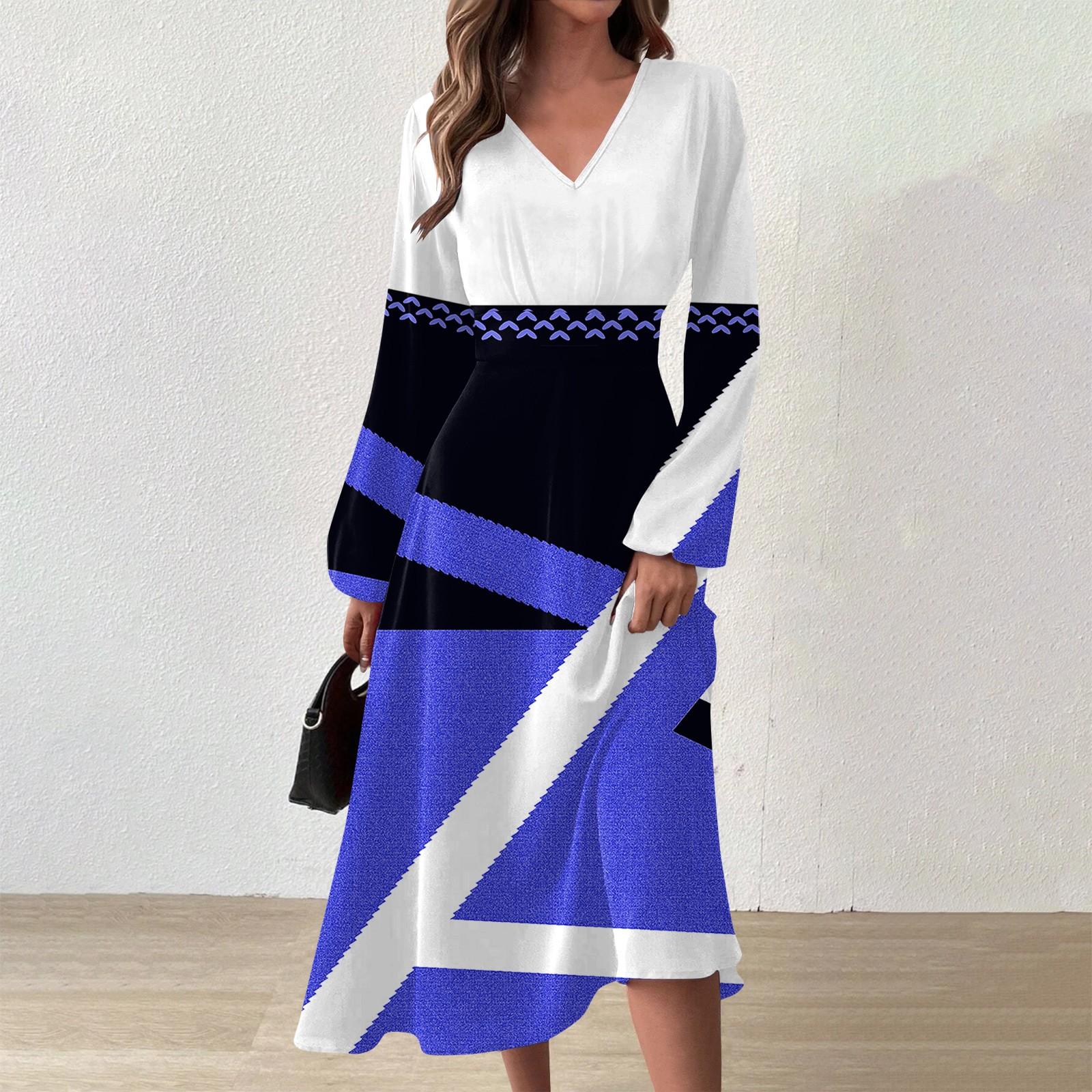 

Женское осеннее и зимнее повседневное модное длинное платье с v-образным вырезом и длинным рукавом с геометрическим принтом L синий
