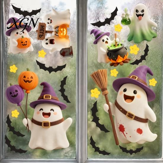 Transparent Window Murals 2Pcs Cute Ghost Halloween Static Stickers, PVC Waterproof Cartoon Pumpkin Bat And Decals Star Glass Decals, Reusable Clings