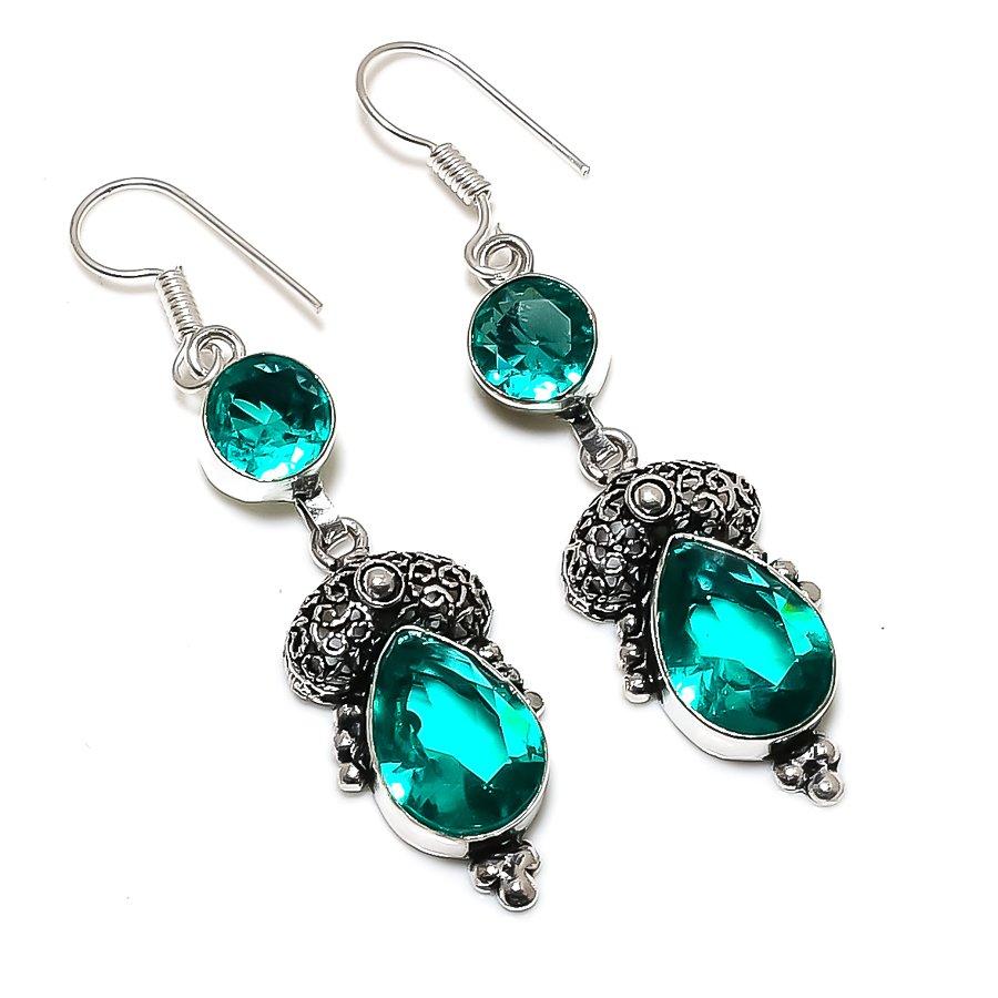 

Ювелирные серьги ручной работы из стерлингового серебра 925 пробы с натуральным зеленым турмалином 2,36 дюйма E4O80