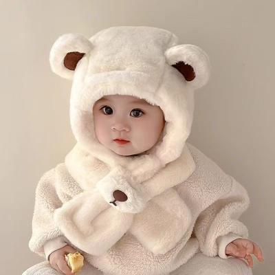 Winter Baby Hat Scarf Set All-in-one Plush Windproof Warm Cute Cartoon Bear Nose Thickened Ear Protection Cap