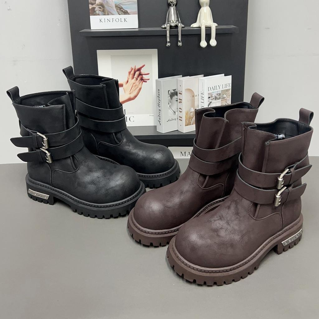 Thick-soled heightening locomotive Martin boots women's autumn new leather retro mid-tube western knight boots