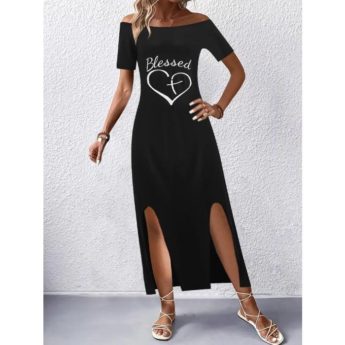 In stock, European and American summer new dresses women's clothing one-word shoulder split printing casual loose long dress