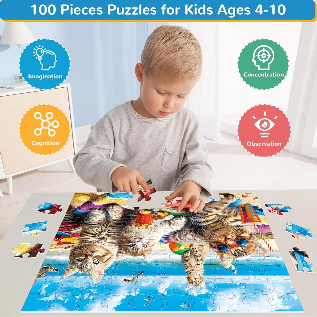 100 Piece Puzzles for Kids Ages 4-8, Beach Cat Puzzles Kids Puzzles Ages 4-6 6-8 8-10 Jigsaw Puzzles Floor Puzzles Children Educational Puzzle Toys