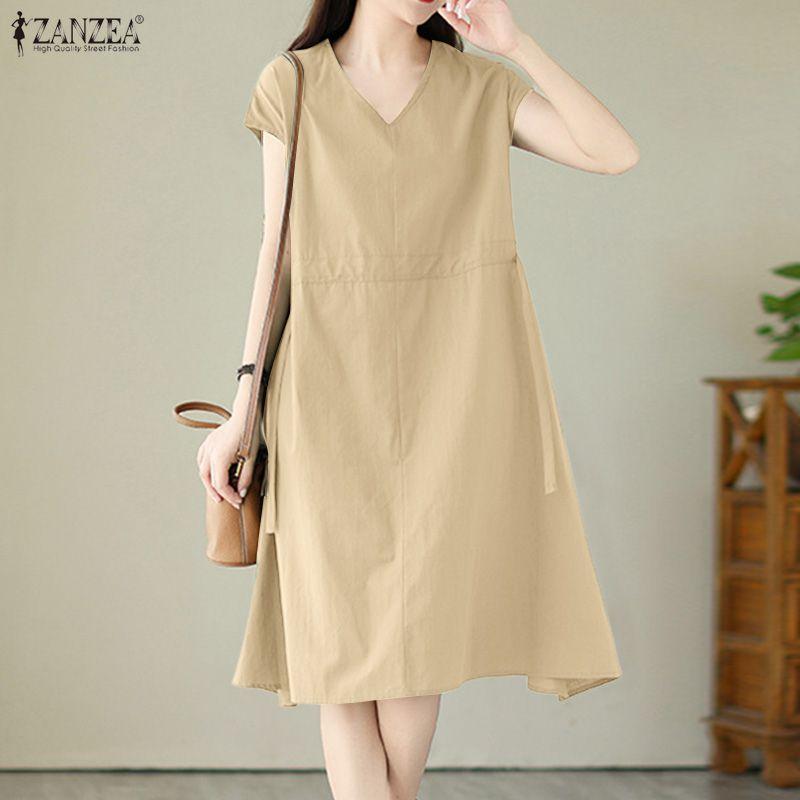 ZANZEA Women Casual V-Neck Loose Summer Short Sleeve Dress