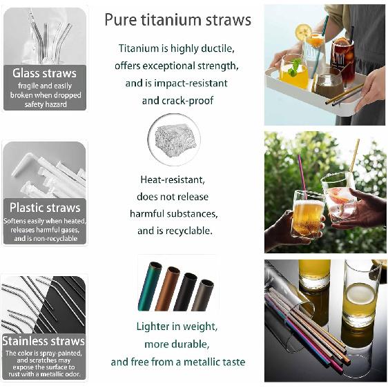 Pure Titanium Reusable Straws with Silicone Tips,Travel Case & Cleaning Brush,BPA Free & Eco Friendly,Dishwasher Safe,Fits 20-30oz Tumblers (Titanium