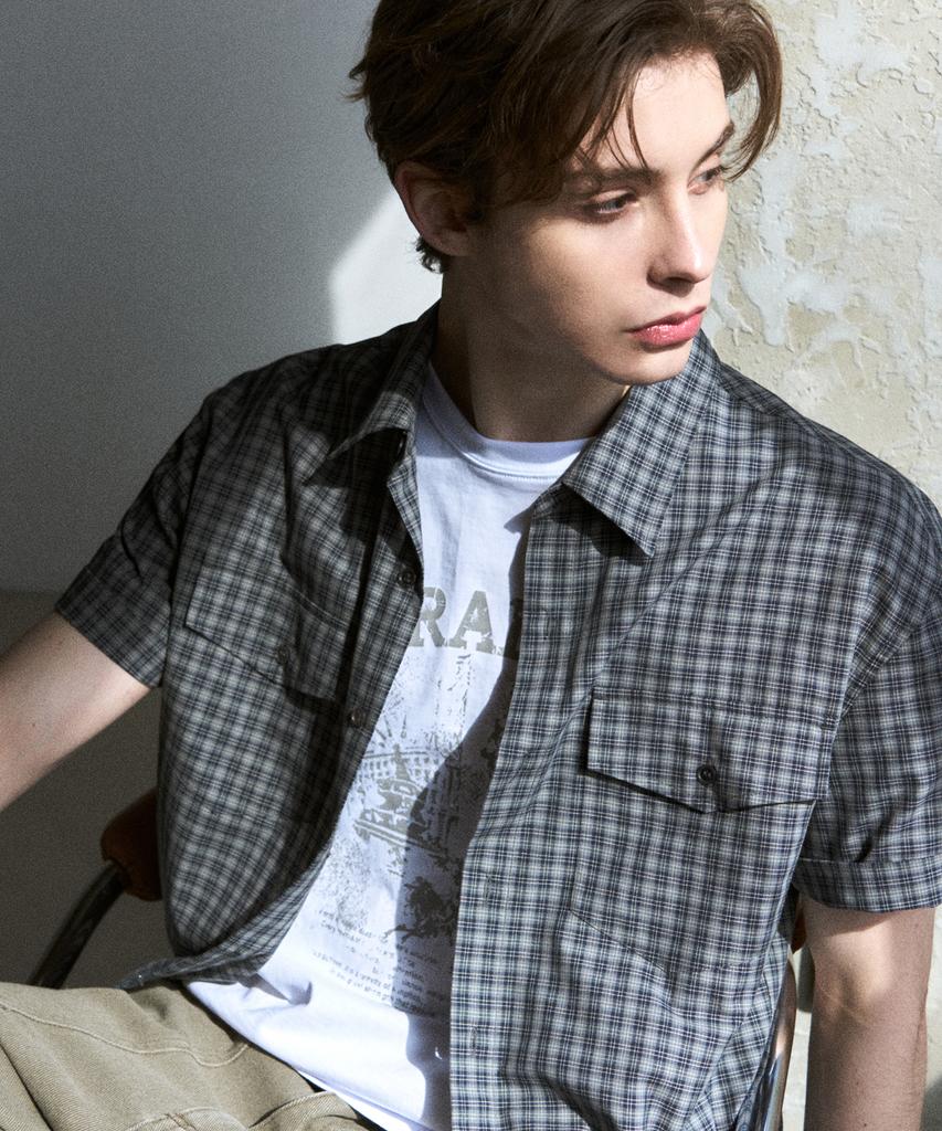 DRAW FIT Lark Roll-Up Check Half Shirt [Blue Grey]